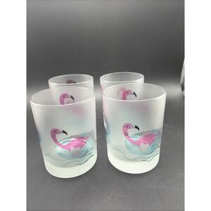 Culver Pink Flamingo Birds Rocks Glasses Frosted Satin Set Of 4 Barware Signed